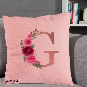 Cadou Personalizat - Perna Personalizata Monograma Rose Gold Litera G, 40x40 cm, Roz, Husa Detasabila, Perna Inclusa, BEKZ®