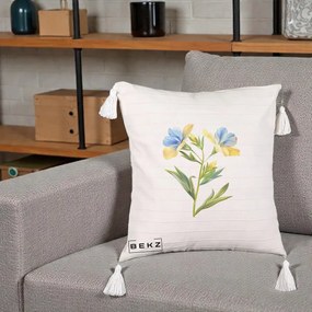 Perna Decorativa Botanica Frezie Galbena si Albastra, 40x40 cm, Bej cu Franjuri, Husa Detasabila, Perna Inclusa, BEKZ®