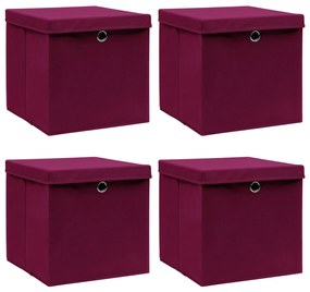 Cutii depozitare cu capac 4 buc. rosu inchis 32x32x32cm textil 4, Rosu inchis cu capace, 1, 1