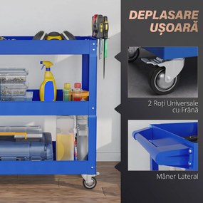 DURHAND Cărucior pentru Scule cu 3 Niveluri din Oțel cu Margini Înalte și 4 Roți Pivotante, 83 x 35.3 x 76 cm, Albastru | Aosom Romania
