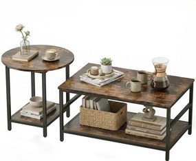 HOMCOM Set mese de cafea, 2 piese, masă dreptunghiulară și rotundă cu depozitare în 2 nivele, maro rustic | Aosom Romania