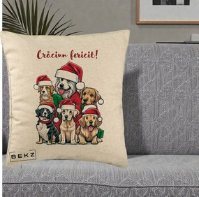 Perna Decorativa Caini cu Bonete Craciun Fericit, 40x40 cm, Bej, Husa Detasabila, Perna Inclusa, BEKZ®