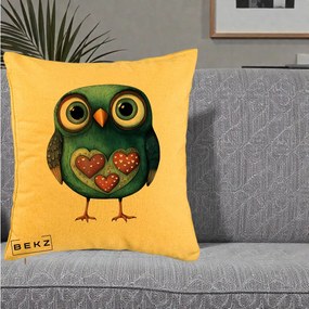 Perna Decorativa Bufnita Teal cu Doua Inimi, 40x40 cm, Galben, Husa Detasabila, Perna Inclusa, BEKZ®