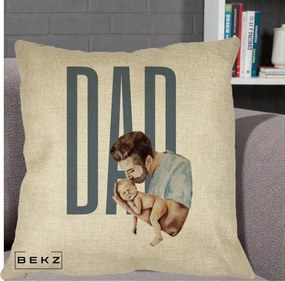 Cadou pentru Tata - Perna Personalizata DAD Tata si Nou-Nascut, 40x40 cm, Crem, Husa Detasabila, Perna Inclusa, BEKZ®