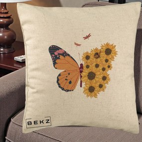 Perna Decorativa Fluture Floarea-Soarelui, 40x40 cm, Bej, Husa Detasabila, Perna Inclusa, BEKZ®