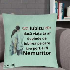 Cadou pentru Iubita - Perna Personalizata Iubitu Nemuritor cu Cuplu Acuarela si Inimi Rosii, 40x40 cm, Verde Menta, Husa Detasabila, Perna Inclusa, BEKZ®