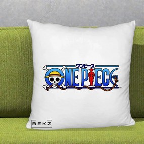 Perna Personalizata One Piece Clasic Albastru, 40x40 cm, Alb Pufos, Husa Detasabila, Perna Inclusa, BEKZ®
