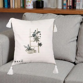 Perna Decorativa Scara Scandinavica cu Stele, 40x40 cm, Bej cu Franjuri, Husa Detasabila, Perna Inclusa, BEKZ®