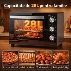 HOMCOM Cuptor Electric 1500W 28L cu Temperatură Reglabilă până la 230°C, Timer 60 min, Grătar, Tavă și Mâner pentru Tavă | Aosom Romania
