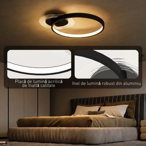 HOMCOM Lampă de tavan LED Modernă de 40W cu 2 Inele și Lumină Reglabilă, Negru | Aosom Romania