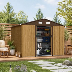 Outsunny Magazie de grădină 4,9 m² din oțel, cu ușă dublă glisantă și acoperiș înclinat, maro deschis | Aosom Romania