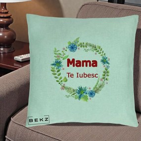 Cadou pentru Mama - Perna Personalizata Mama Te Iubesc Flori Albastre, 40x40 cm, Verde Menta, Husa Detasabila, Perna Inclusa, BEKZ®
