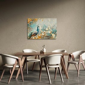 Tablou pe sticlă - Păun cu decor de aur (70x50 cm)