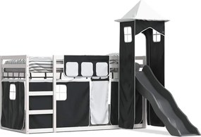 vidaXL Pat supraetajat cu tobogan și perdele, alb și negru, 90x190 cm
