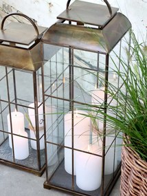 Felinar auriu, din metal si sticla, aspect vintage, H64cm, Grid