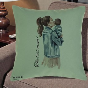 Cadou pentru Mama - Perna Personalizata The Best Mom Jachete, 40x40 cm, Verde, Husa Detasabila, Perna Inclusa, BEKZ®