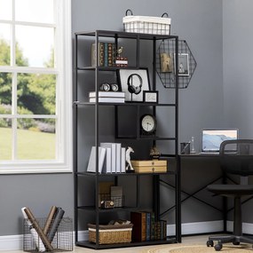 Biblioteca cu 7 nivele din PAL si otel pentru sufragerie, dormitor si birou, 83x34x180 cm, negru HOMCOM | Aosom Romania