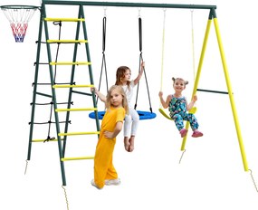 Outsunny Leagăn pentru copii 4 în 1 cu Leagăn tip Cuib și individual Plasă de cățărat Coș de baschet Scară Galben | Aosom Romania