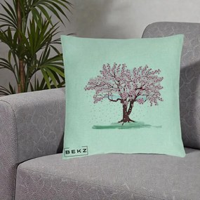Perna Decorativa Cires Inflorit Acuarela, 40x40 cm, Verde Menta, Husa Detasabila, Perna Inclusa, BEKZ®