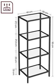 Etajera cu 4 rafturi, metal / sticla temperata, negru, Vasagle