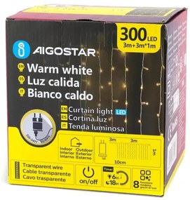 Aigostar - Ghirlandă LED exterior de Crăciun, 300 LED/6W/230V, 8 funcții, 3x1m, IP44, alb cald + telecomandă