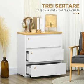 HOMCOM Comodă Depozitare, 3 Sertare, Mobilier Dormitor/Cameră de Zi, Alb/Lemn Natural | Aosom Romania