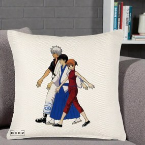 Perna Personalizata Gintama Trio Gintoki Shinpachi Kagura, 40x40 cm, Crem Reliefat, Husa Detasabila, Perna Inclusa, BEKZ®