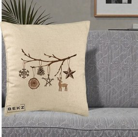 Perna Decorativa Ornamente de Lemn pe Ramura, 40x40 cm, Bej, Husa Detasabila, Perna Inclusa, BEKZ®