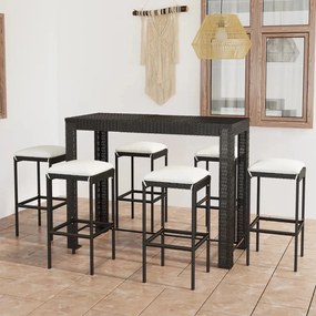 Set mobilier bar de gradina cu perne, 7 piese, negru, poliratan