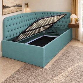 Pat tapițat pentru copii din catifea Elyra 140×200 cm, verde marin, colț stânga, cu ladă de depozitare