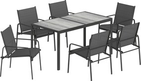 Outsunny Set de Prânz pentru Exterior, 7 Piese pentru 6 Persoane, Masă cu Efect de Lemn și Scaune cu Șezut Respirabil, Set Mobilier de Grădină cu Cadru din Oțel Galvanizat, Negru | Aosom Romania
