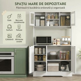 HOMCOM Dulap Bucătărie de 180cm, Dulap Înalt cu 4 Compartimente, Uși din Sticlă Securizată, 2 Rafturi Deschise, Rafturi Reglabile, Blat pentru Electrocasnice, pentru Bucătărie sau Living, Alb | Aosom Romania