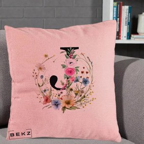 Cadou Personalizat - Perna Personalizata Monogram Litera J cu Flori Acuarela, 40x40 cm, Roz, Husa Detasabila, Perna Inclusa, BEKZ®