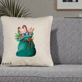 Perna Decorativa Saculet Cadouri Mos Craciun Acuarela Verde, 40x40 cm, Bej Canapea, Husa Detasabila, Perna Inclusa, BEKZ®