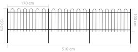 Gard de gradina cu varf curbat, negru, 5,1 x 1 m, otel 1, 1 m, 5.1 m
