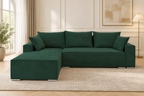 Colțar extensibil Livia Mini din catifea reiată, verde, colț pe stânga, cu ladă de depozitare