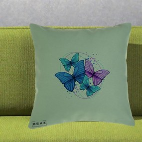 Perna Decorativa Patru Fluturi Turcoaz-Violet, 40x40 cm, Verde, Husa Detasabila, Perna Inclusa, BEKZ®