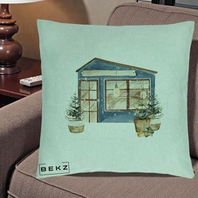 Perna Decorativa Casa de Iarna Watercolor, 40x40 cm, Verde Menta, Husa Detasabila, Perna Inclusa, BEKZ®
