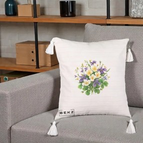 Perna Decorativa Viorele Iris Violet si Trifoi, 40x40 cm, Bej cu Franjuri, Husa Detasabila, Perna Inclusa, BEKZ®