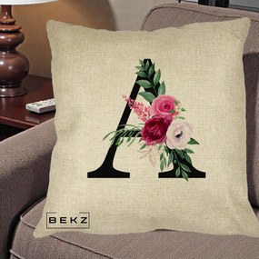Cadou Personalizat - Perna Personalizata Monograma Florala Litera A, 40x40 cm, Crem, Husa Detasabila, Perna Inclusa, BEKZ®