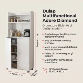 Dulap Multifunctional Adore Diamond, 2 usi, 6 rafturi, cu rotile, Alb Lucios, 73x172x36 cm