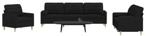 vidaXL Set de canapele cu perne decorative, 3 piese, negru, textil