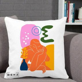 Perna Decorativa Femeie Meditand Abstract, 40x40 cm, Alba Mata, Husa Detasabila, Perna Inclusa, BEKZ®