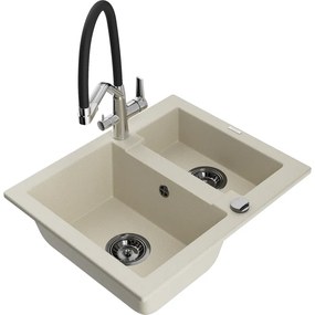 Mexen Carlos chiuvetă de bucătărie din granit cu 1,5 cuve și baterie Duo, bej - 6518-69-671701-07-B