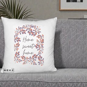 Perna Decorativa Home Sweet Home Frunze Colorate, 40x40 cm, Alb Pufos, Husa Detasabila, Perna Inclusa, BEKZ®