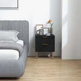 HOMCOM Noptiera, masa de noapte canelata cu 2 sertare si picioare din otel, pentru dormitor, sufragerie, negru | Aosom Romania