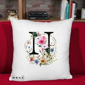 Cadou Personalizat - Perna Personalizata Monogram Litera N cu Flori Acuarela, 40x40 cm, Alb Pufos, Husa Detasabila, Perna Inclusa, BEKZ®