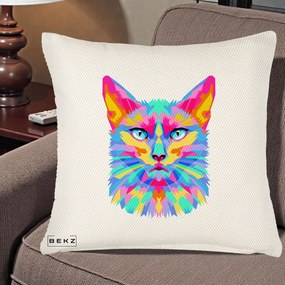 Perna Decorativa Pisica Pop Art Multicolor, 40x40 cm, Crem Reliefat, Husa Detasabila, Perna Inclusa, BEKZ®