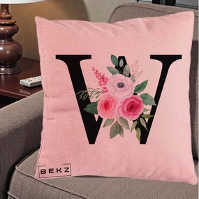Cadou Personalizat - Perna Personalizata Monograma Florala Litera W cu Trandafiri si Anemona, 40x40 cm, Roz, Husa Detasabila, Perna Inclusa, BEKZ®