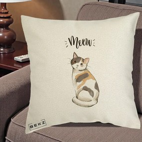 Perna Personalizata Pisica Meow Acuarela, 40x40 cm, Ecru, Husa Detasabila, Perna Inclusa, BEKZ®
